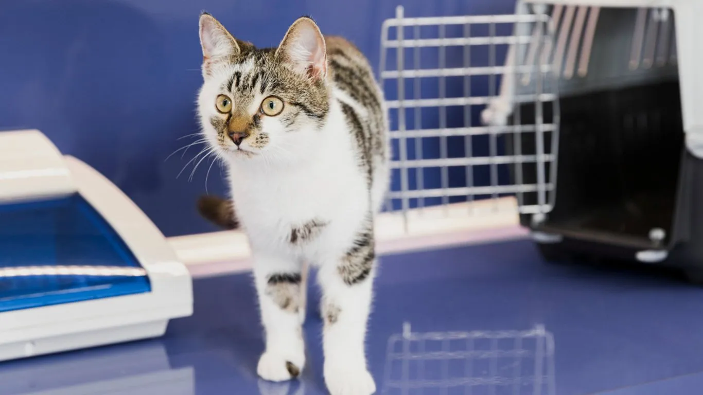 A tabby cat stepping out of its carrier