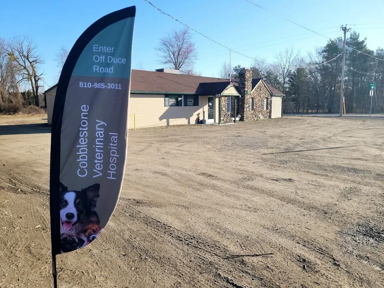 The Cobblestone Veterinary Hospital sign and building