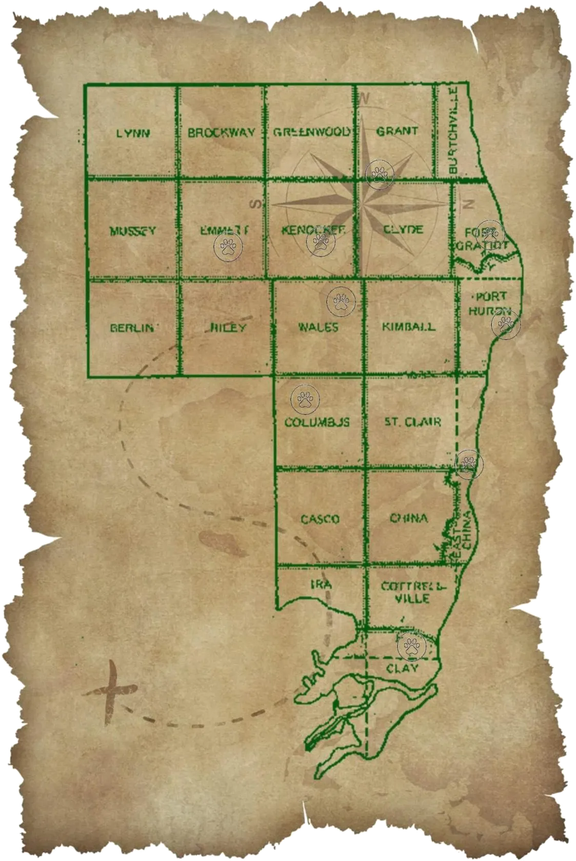Cobblestone County Quest map of St. Clair County townships, with paw markers on the quest locations